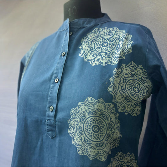 Denim Kurti with Rangoli Print – Casual Chic Cotton Kurti for Women