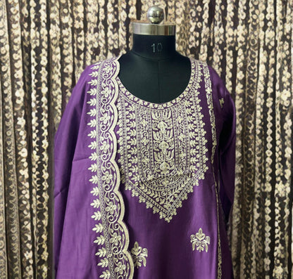Regal Purple Silk Suit Set with Intricate Thread Embroidery on Kurta & Dupatta