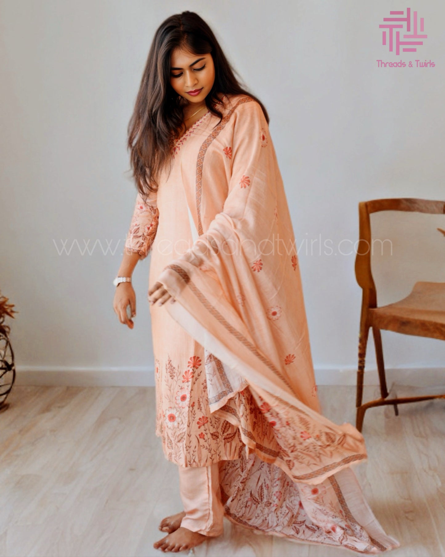 Chocolate Brown Muslin Salwar Suit with Floral Prints | Threads & Twirls