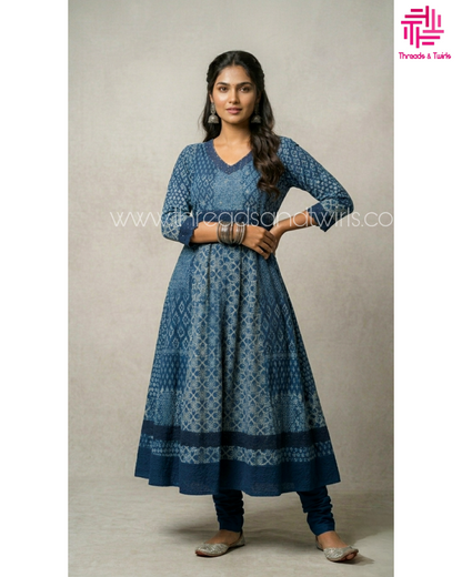 Indigo Blue and White Printed Anarkali Kurta with Solid Pant – Elegant Cotton Blend Set for Festive and Daily Wear