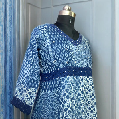 Indigo Blue and White Printed Anarkali Kurta with Solid Pant – Elegant Cotton Blend Set for Festive and Daily Wear