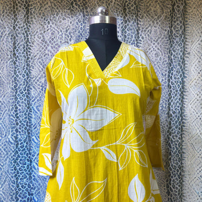Sunshine Yellow Cotton Coord Set with Bold White Floral Prints – Comfortable & Stylish Daywear