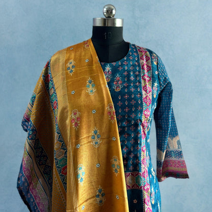 Peacock Blue Chinon Salwar Suit with Mughal Prints, Plain Pant & Golden Dupatta | Threads & Twirls