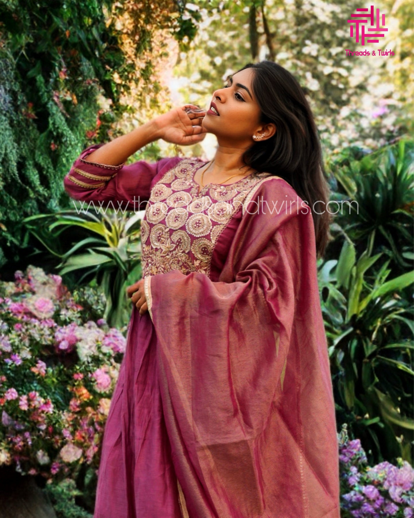 Wine Mul Chanderi Salwar Suit with Embroidered Yoke | Threads & Twirls