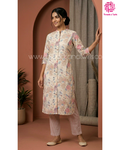 Pastel Floral Print Coord Set – Casual Cotton Co-ord with Striped Pants for Everyday Elegance