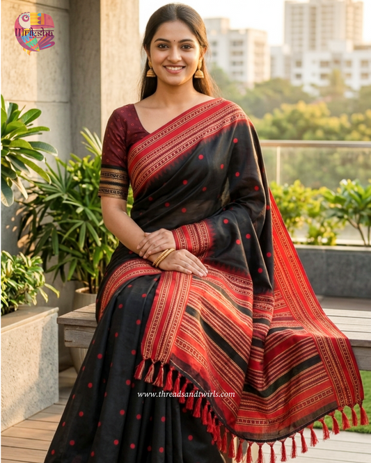 Mriksha Sarees Fancy Silk Polka Dot Saree with Matching Blouse | Designer Border & Tassel Pallu | ₹1499