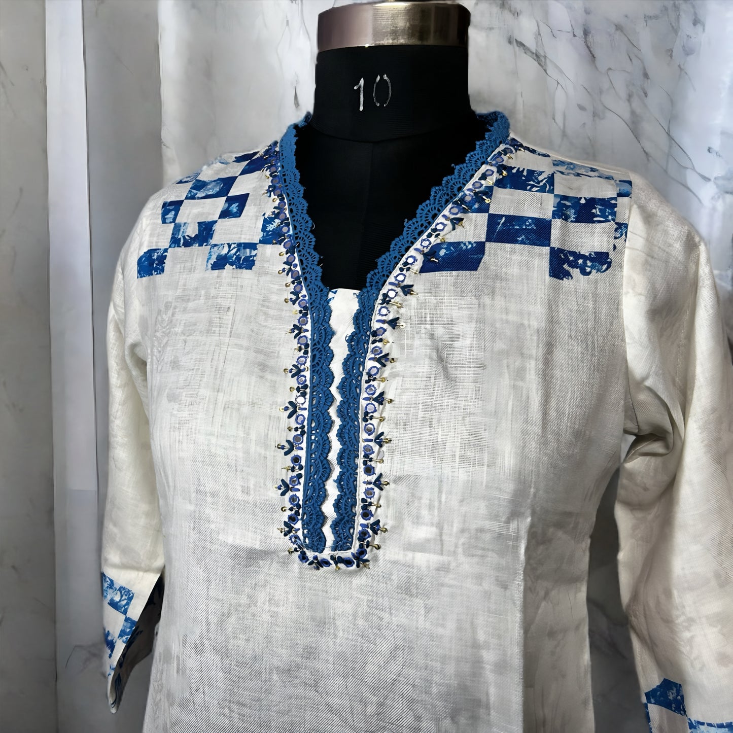 White Cotton Blend Salwar Suit with Blue Floral Print & Dupatta | Threads & Twirls