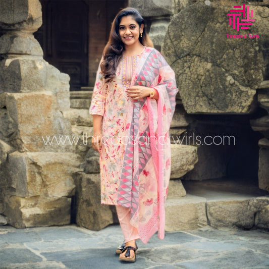 Printed Cotton Salwar Suit with Gottapati Work – Green & Pink | Threads & Twirls