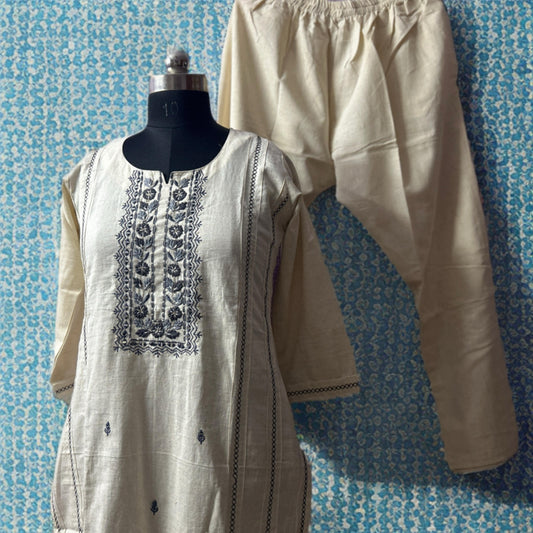 Handwoven Khadi Cotton Kurta Pant Set with Navy Blue Thread Embroidery – Elegant Everyday Wear