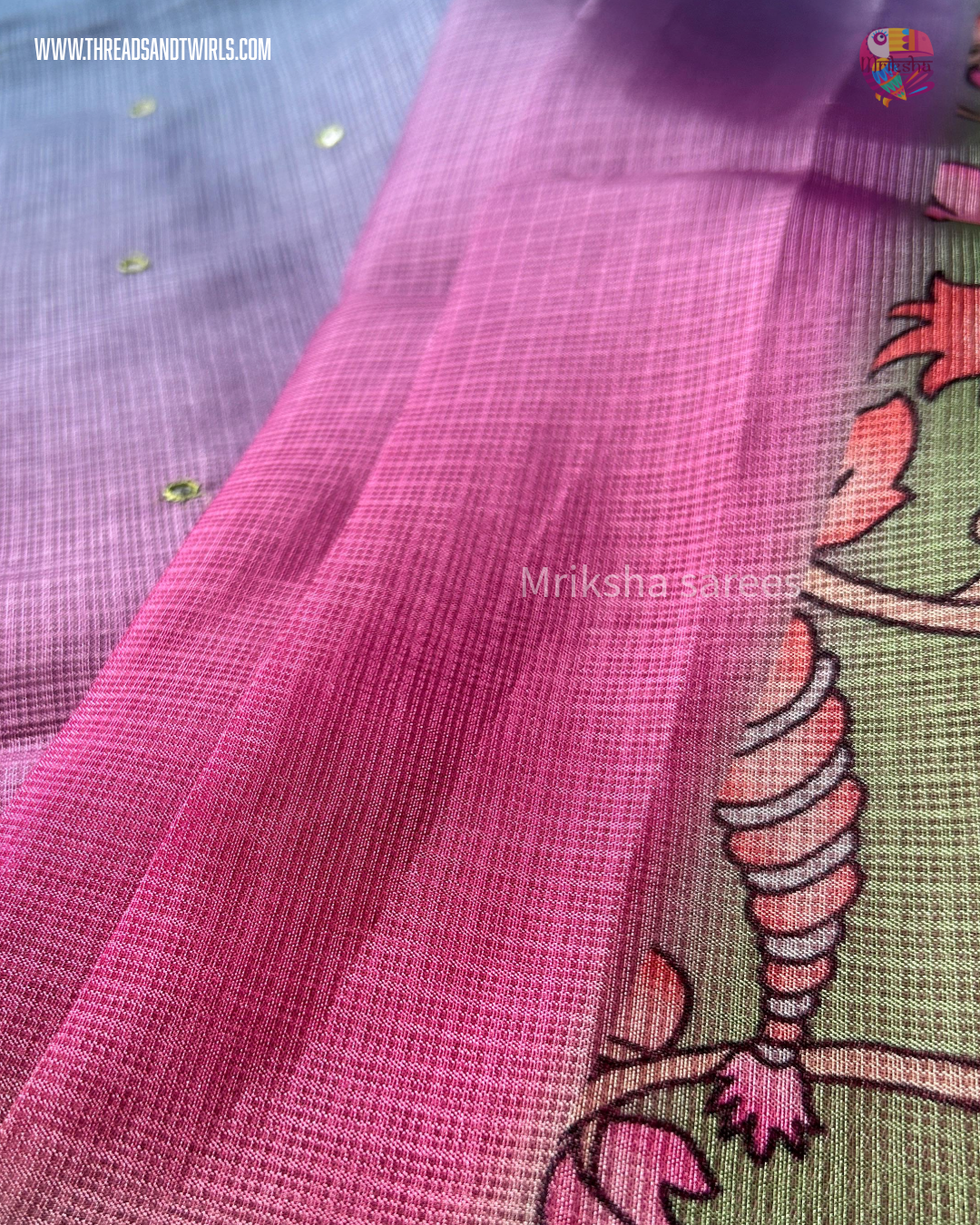 Kota Doria Ombre Saree with Mirror Work & Floral Printed Blouse – Mriksha Sarees