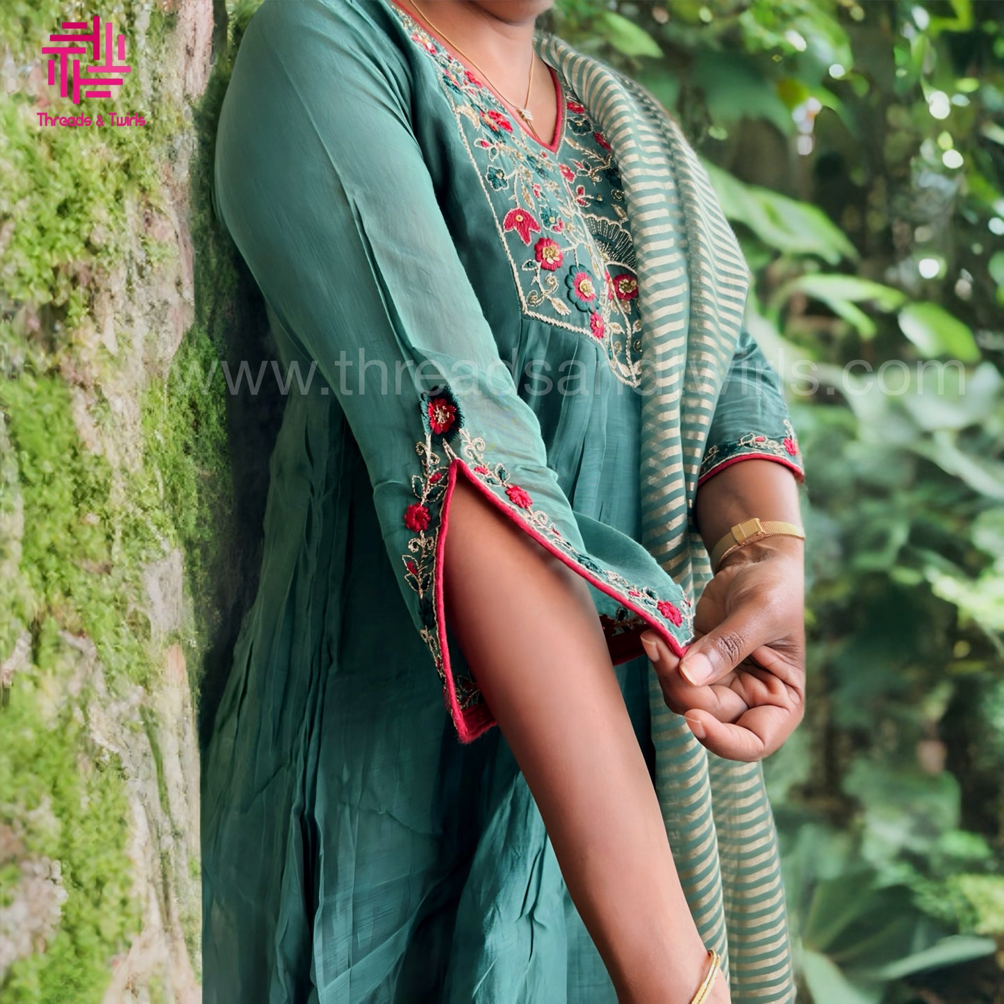 Bottle Green Mul Chanderi Salwar Suit Set with Handwork Zardosi | Threads & Twirls