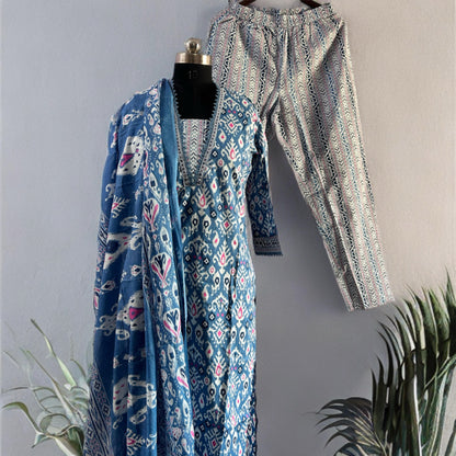 Blue Cotton Ikkat Kurta Set with Lace Detailing & Printed Dupatta | Threads & Twirls Exclusive