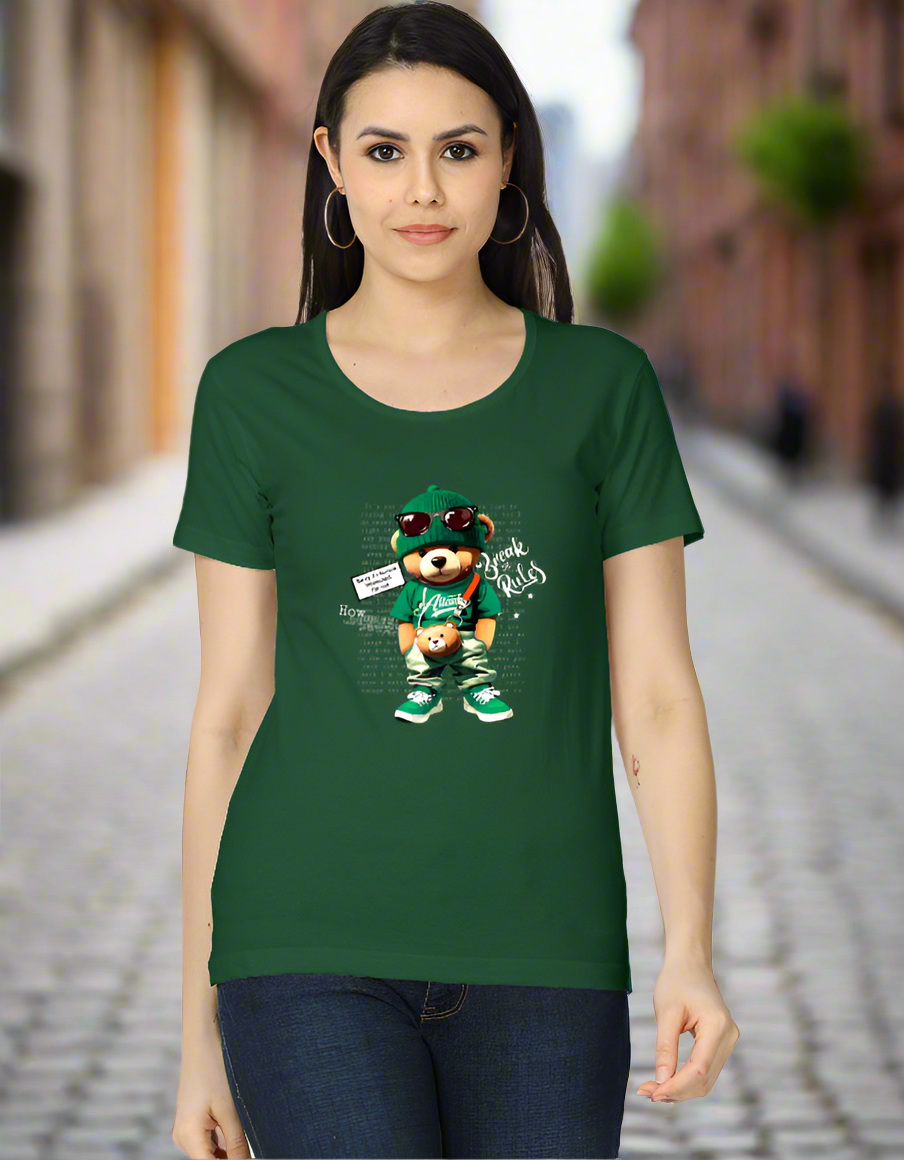 Green Women’s Cotton T-Shirt with Teddy Bear Print – Casual Everyday Wear