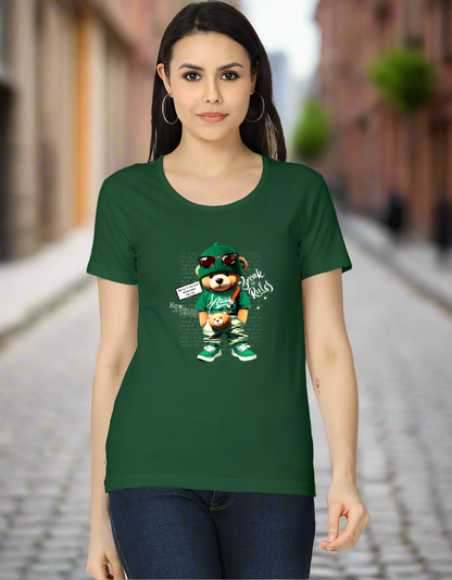 Green Women’s Cotton T-Shirt with Teddy Bear Print – Casual Everyday Wear