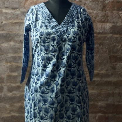 Indigo Blue Cotton Printed Kurta Pant Set with Dupatta – Elegant Floral & Geometric Design
