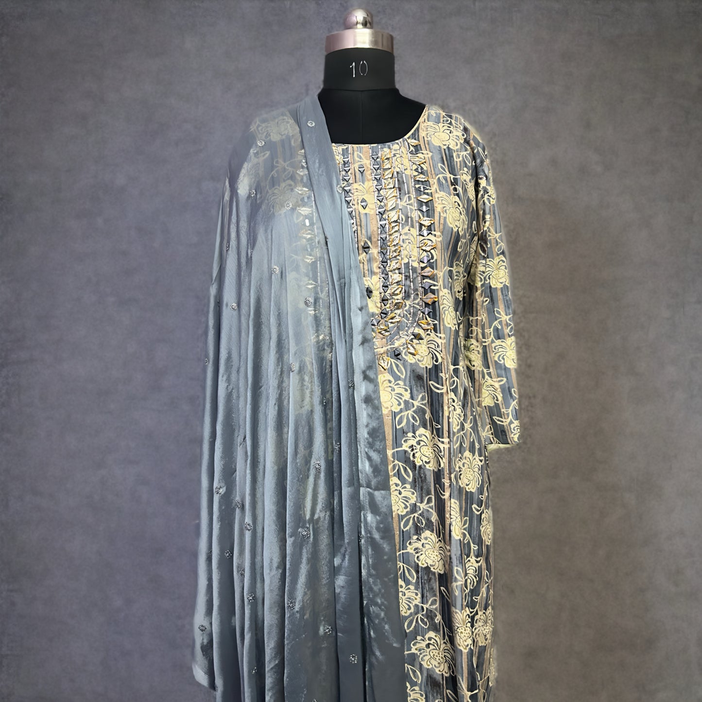 Elegant Grey & Gold Embroidered Salwar Suit with Dupatta – Threads & Twirls