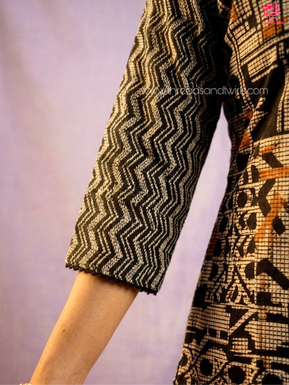 Black & Beige Geometric Printed Cotton Kurta Set with Straight Pants & Dupatta for Women