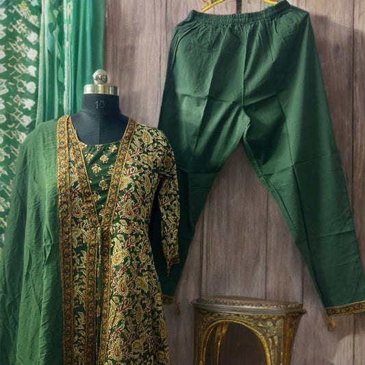 Elegant Kalamkari Green A-Line Suit with Embroidered Detailing