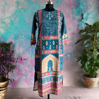 Peacock Blue Chinon Salwar Suit with Mughal Prints, Plain Pant & Golden Dupatta | Threads & Twirls
