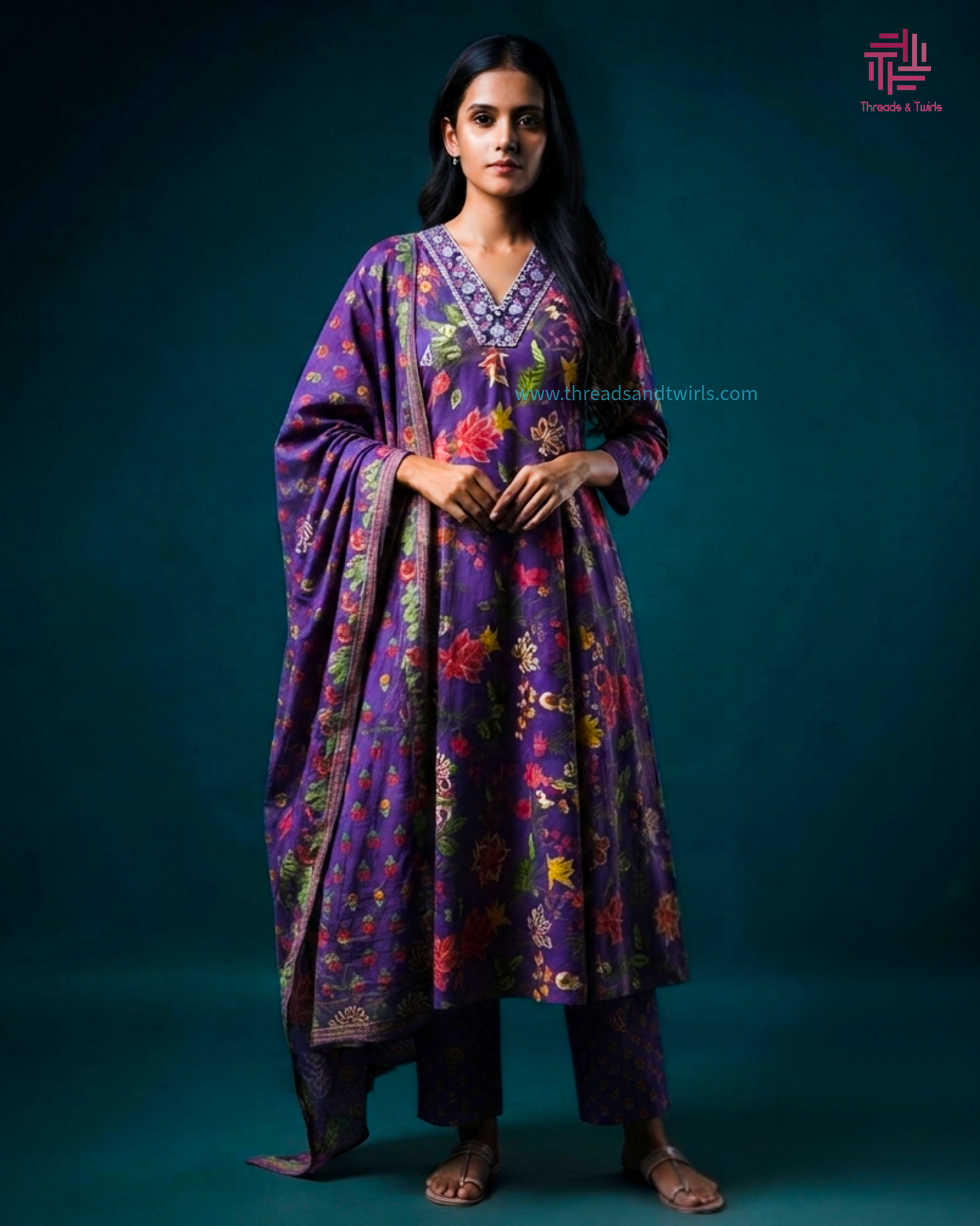 Purple Floral Cotton Suit Set with Embroidered Neckline | Pant & Dupatta Included