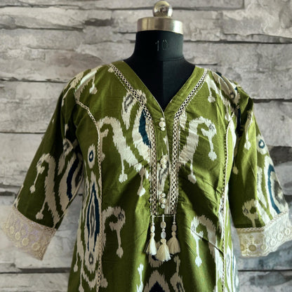 Olive Green Ikat Print Khadi Cotton Kurta Pant Set with Lace Detail
