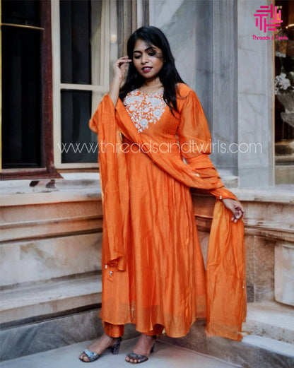 Orange Mul Chanderi Suit with Embroidered Yoke & Pintuck Sleeve Details | Threads & Twirls
