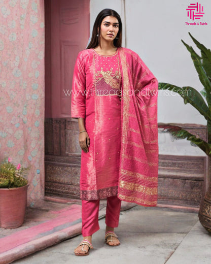 Pink Tissue Shimmer Salwar Suit with Peacock Yoke Embroidery | Threads & Twirls