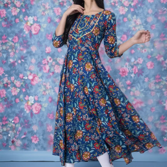 Blue Printed Rayon Anarkali Kurta with 3/4 Sleeves & Side Tassels – Elegant Ethnic Wear for Women | Threads & Twirls