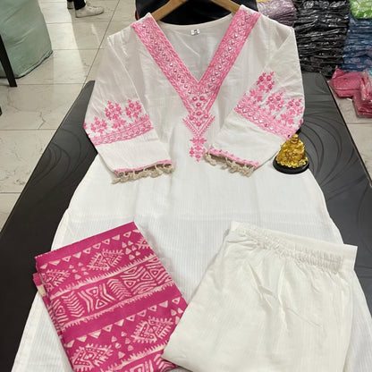 Lavanya - Flex Cotton Suit Set - White and Pink | Threads & Twirls