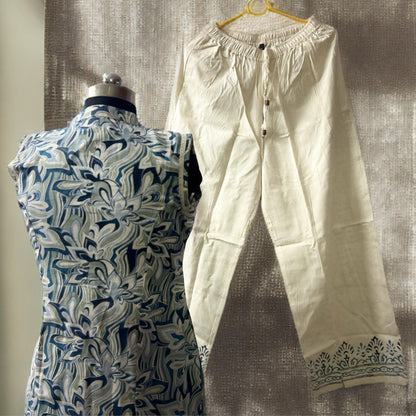 Elegant Blue and Cream Khadi Cotton Printed Kurta Pant Set with Dupatta | Threads & Twirls