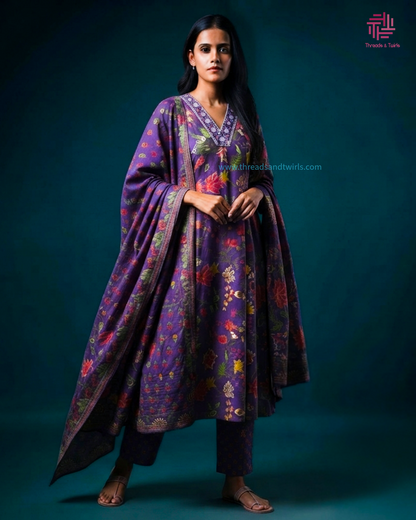 Purple Floral Cotton Suit Set with Embroidered Neckline | Pant & Dupatta Included
