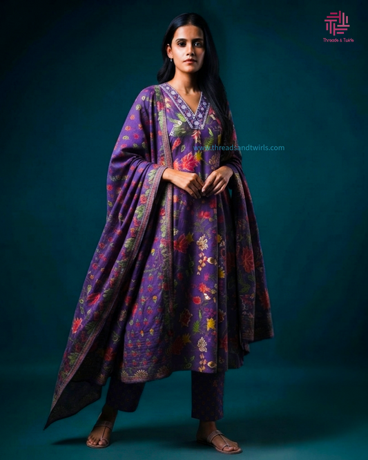 Purple Floral Cotton Suit Set with Embroidered Neckline | Pant & Dupatta Included