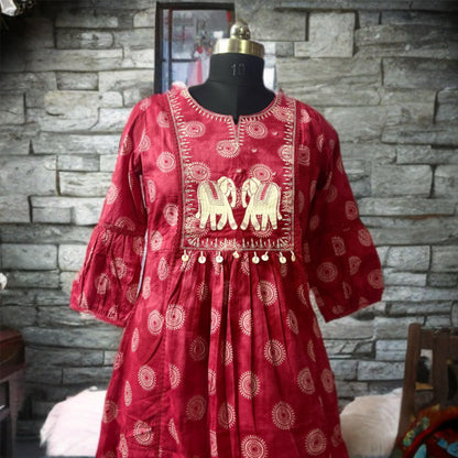 Pink Cotton Printed Suit Set with Elephant Embroidery | Pant & Dupatta Included