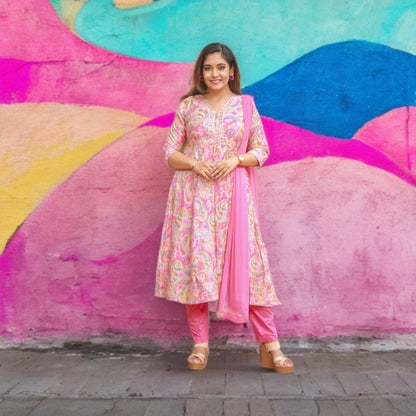 Pink Multicolor Printed Kurta Pant Set with Embellished Yoke and Soft Dupatta – Festive Ethnic Wear