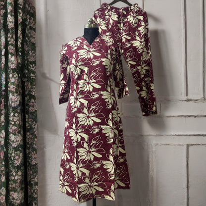 Maroon Cotton Salwar Suit with V-Neck & Pocket | Floral Daily Wear | Threads & Twirls