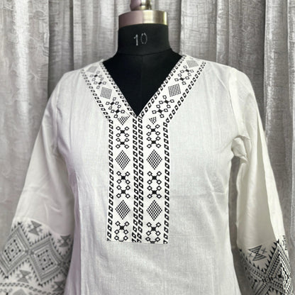 Pure White Cotton Coord Set with Black Tribal Embroidery