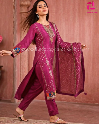 Purple Muslin Printed Salwar Suit with Matching Dupatta | Threads & Twirls