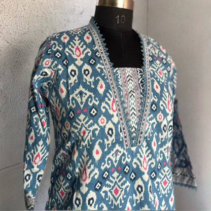 Blue Cotton Ikkat Kurta Set with Lace Detailing & Printed Dupatta | Threads & Twirls Exclusive