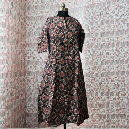 Black & Maroon A-Line Cotton Kurta with Kantha Work, Chinese Collar & Side Pocket