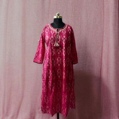 Pink Ikat Print Kurta Pant Set – Festive Cotton Ethnic Wear with Dupatta