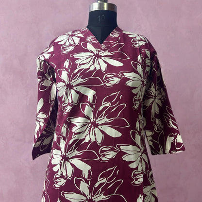 Maroon Cotton Salwar Suit with V-Neck & Pocket | Floral Daily Wear | Threads & Twirls
