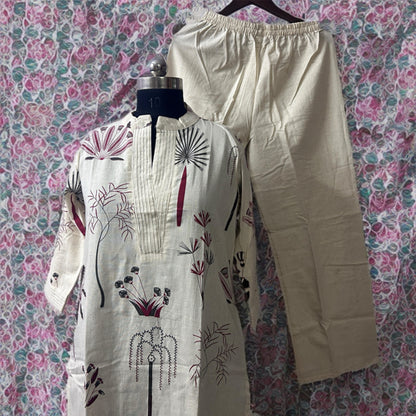 Cream Printed Cotton Coord Set with Stand Collar | Threads & Twirls