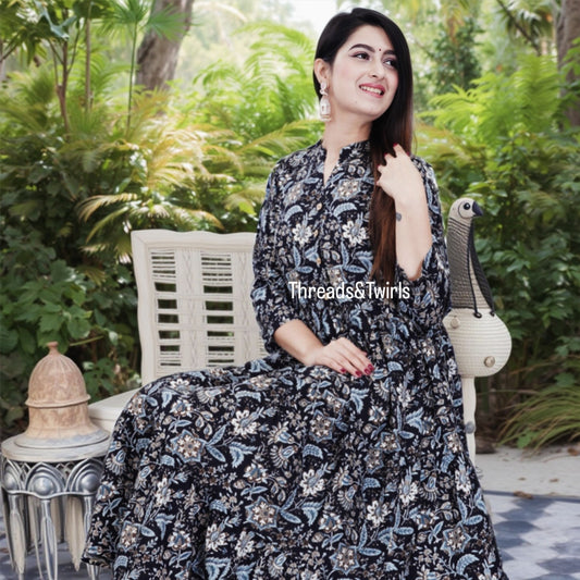 Black & Blue Floral Printed Cotton Anarkali Kurta for Women | Threads & Twirls