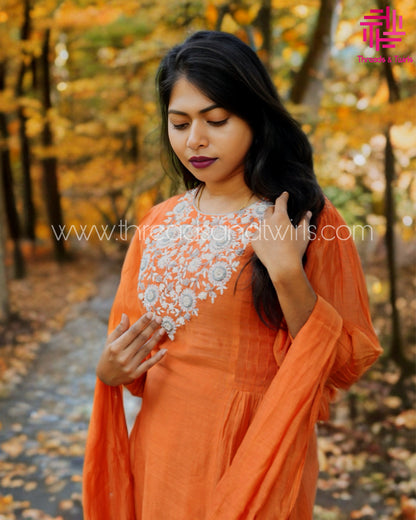 Orange Mul Chanderi Suit with Embroidered Yoke & Pintuck Sleeve Details | Threads & Twirls