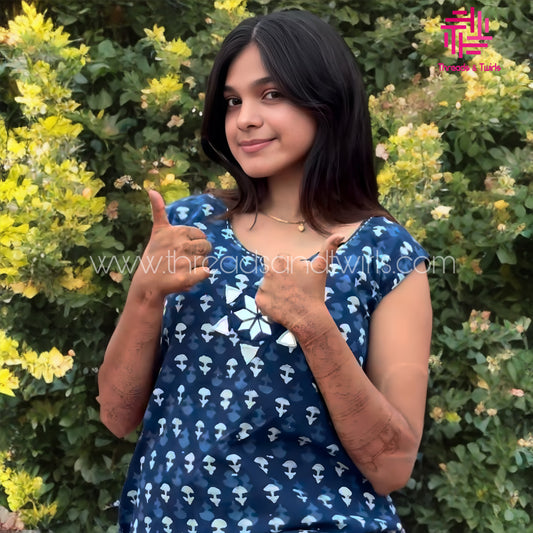 Indigo Kurta Set with Mirror Work Yoke and Contrast Salwar Pant & Attachable Sleeves – Ethnic Wear for Women