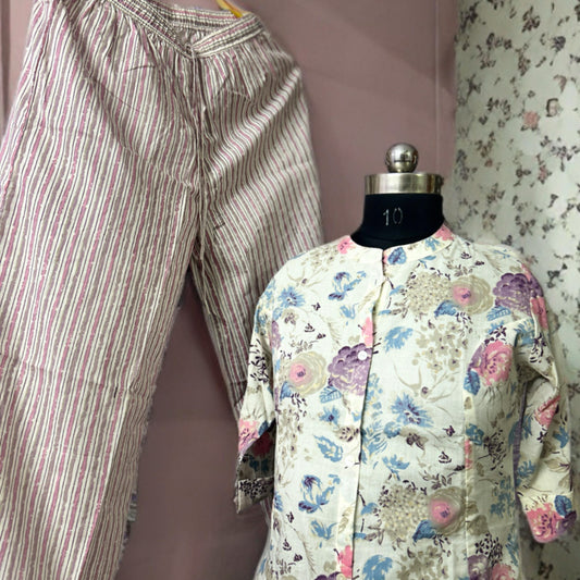 Pastel Floral Print Coord Set – Casual Cotton Co-ord with Striped Pants for Everyday Elegance