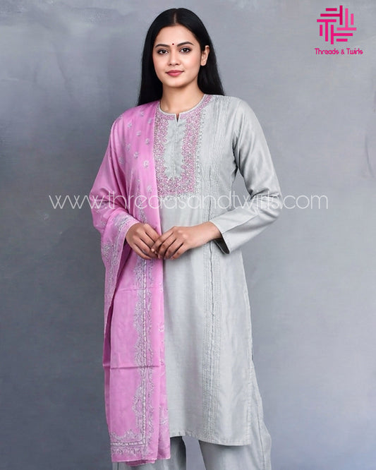 Silver Grey Roman Silk Salwar Suit with Contrast Pink Floral Dupatta & Embroidered Yoke