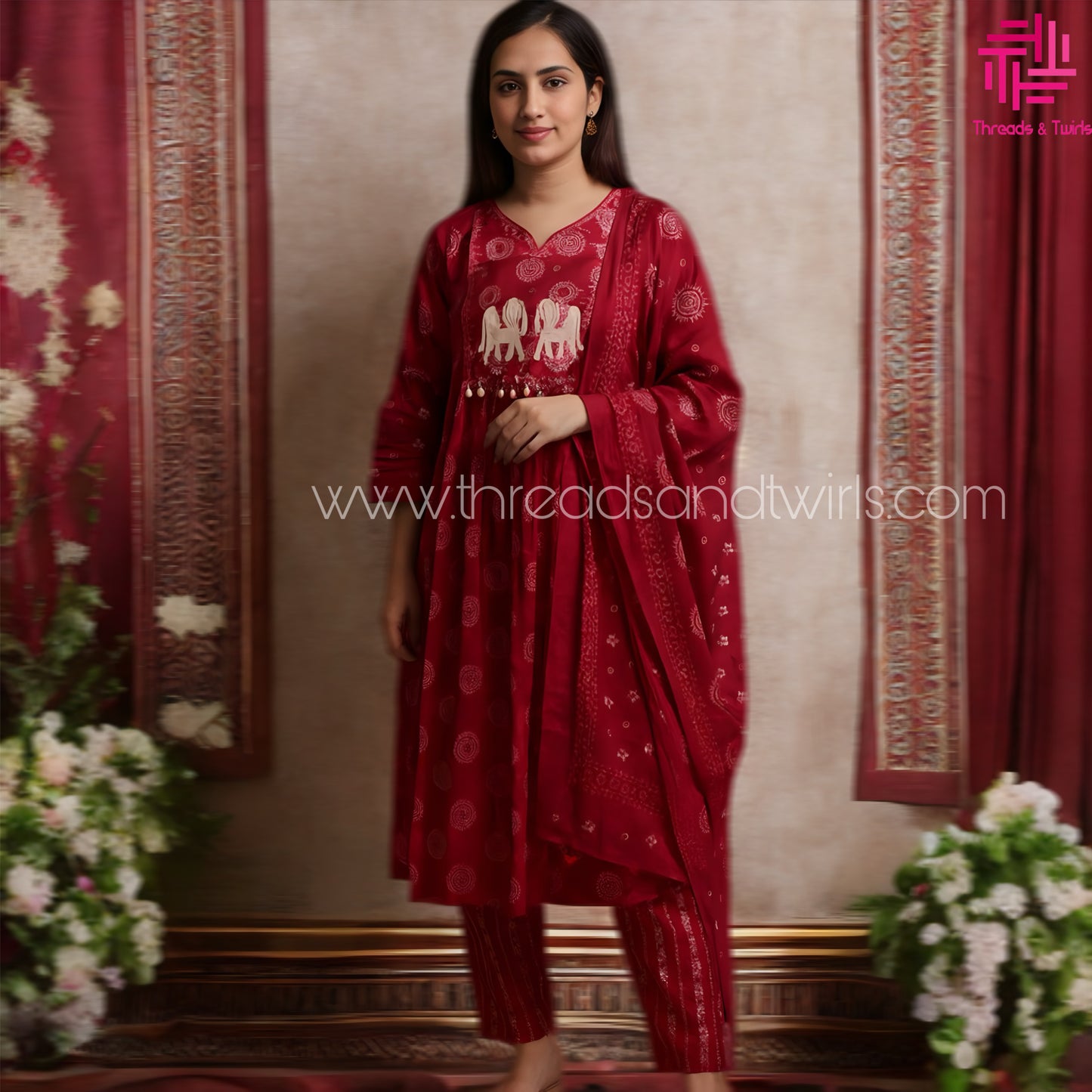 Pink Cotton Printed Suit Set with Elephant Embroidery | Pant & Dupatta Included