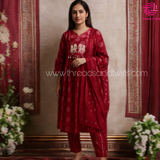 Pink Cotton Printed Suit Set with Elephant Embroidery | Pant & Dupatta Included