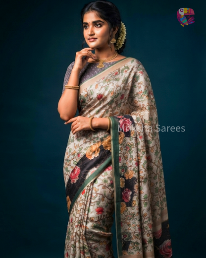 Mriksha Digital Printed Floral Saree with Contrast Blouse | Soft & Elegant | Threads & Twirls